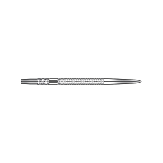 Target Swiss Point GRD Silver dart tips Das Bild zeigt die Target Swiss Point GRD Silver Dartspitzen. Die Dartspitze ist silberfarben und hat eine geriffelte, strukturierte Oberfläche.