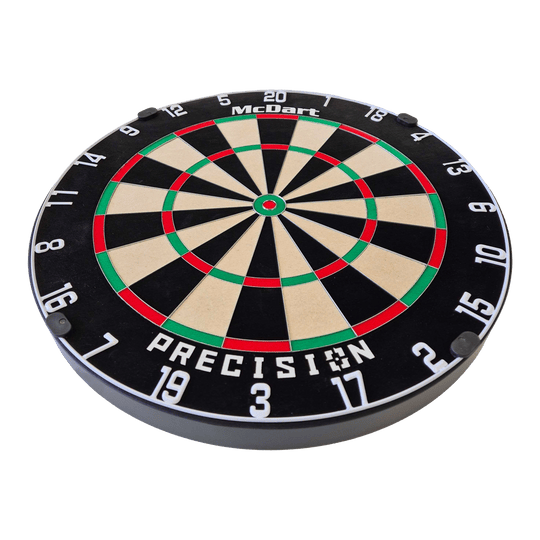 Dies ist ein McDart Precision Steeldartboard. Die Scheibe hat ein klassisches Design mit klarer Nummerierung und farbigen Markierungen.