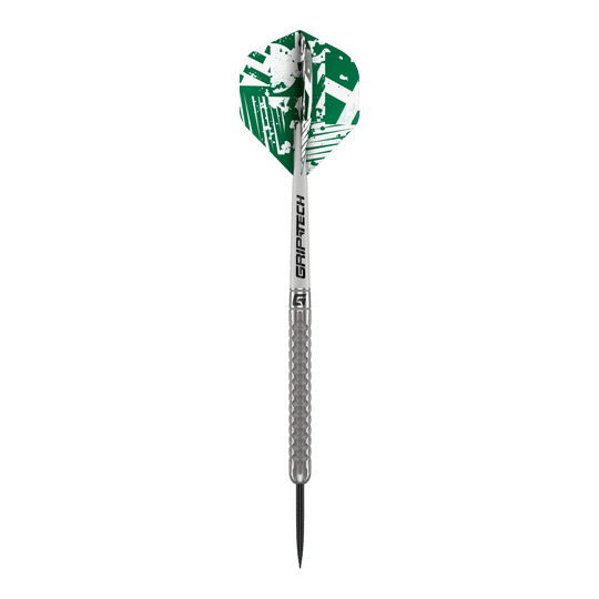 GOAT Fairway V1 Tungsten Steel Darts Das Bild zeigt einen GOAT Fairway V1 Tungsten Steeldart mit silbernem Schaft und Griffbereich. Die Dartflügel sind grün-weiß gemustert und tragen den Schriftzug "GRIP-TECH".
