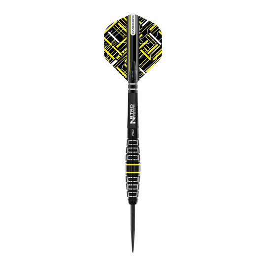 Red Dragon Astraeus Q4X Torpedo Steel Darts Das Bild zeigt einen Red Dragon Astraeus Q4X Torpedo Steeldart. Der Dart ist schwarz mit gelben und weißen Akzenten sowie einem auffälligen Muster auf dem Flight.