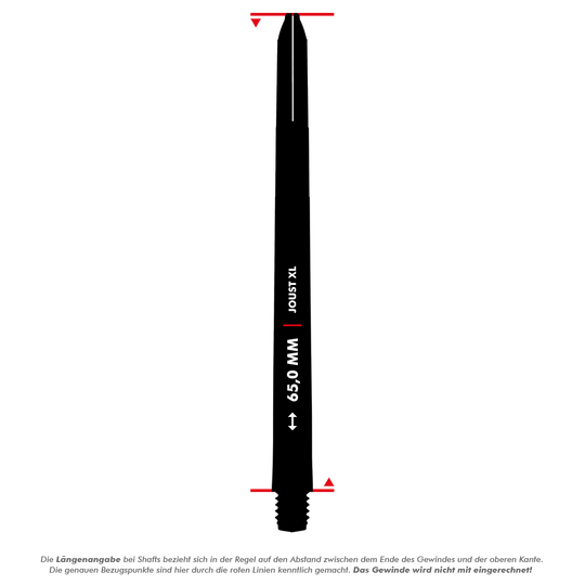C816_Red_Dragon_Joust_XL_Shafts_5_65mmonCMClVnTlF6n Das Bild zeigt einen weißen Red Dragon Joust XL Shaft mit einer Länge von 65 mm. Die Messpunkte sind durch rote Linien am oberen und unteren Ende markiert.