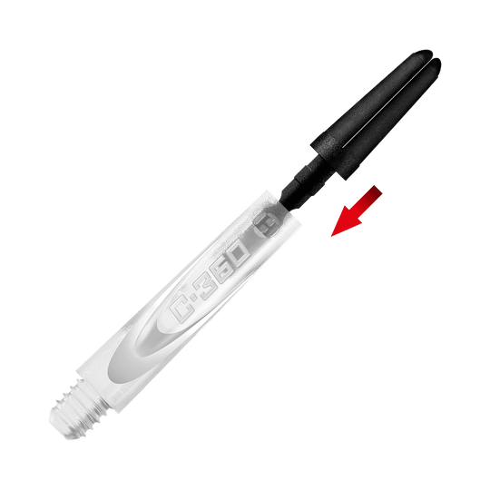 HR442_Harrows_Carbon_360_Shaft_Tops_3 Das Bild zeigt das Produkt "Harrows Carbon 360 Shaft Ersatztops". Ein roter Pfeil weist auf das schwarze Ersatzteil am oberen Ende des Schafts hin.