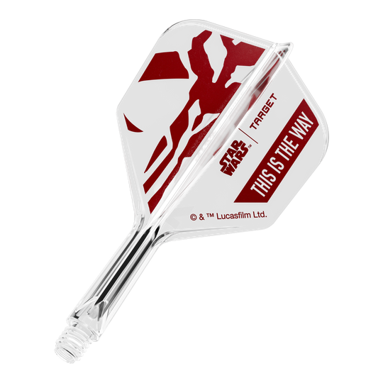 Target Star Wars K-Flex Set Mandalorian No6 Flights Das Bild zeigt ein Star Wars Motiv mit der Aufschrift 'This Is The Way'. Es handelt sich um einen No6 Dart-Flügel in 19 mm Größe.