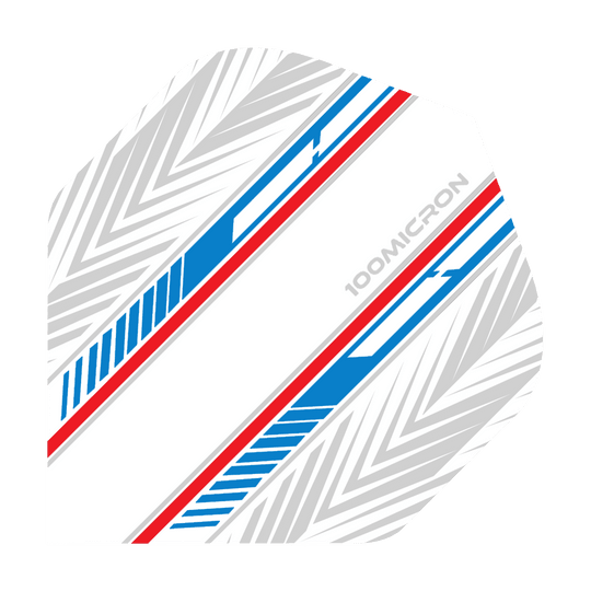 Pentathlon Flights white/blue/red Das Bild zeigt ein Dart-Flight mit einem weißen Hintergrund und blauen sowie roten Linien. Auf dem Flight ist außerdem ein graues Muster und der Schriftzug „100 MICRON“ zu sehen.