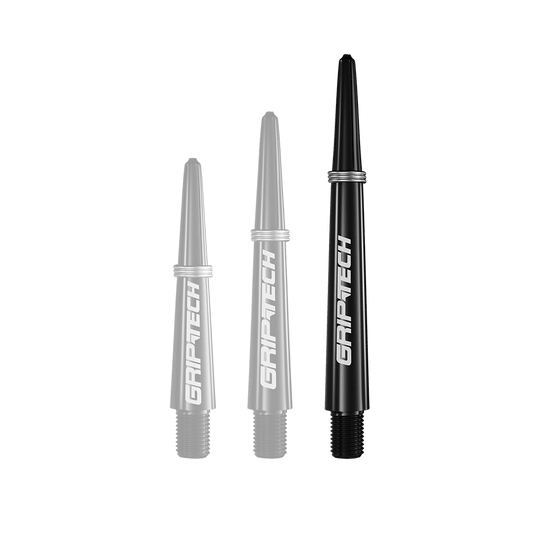 GOAT Griptech Shafts - Black Auf dem Bild sind drei schwarze Dartschäfte in verschiedenen Längen zu sehen. Auf jedem Schaft steht das weiße Logo "GRIPTECH".
