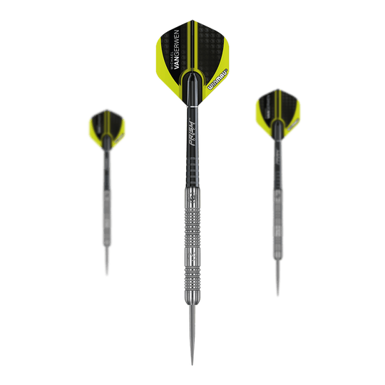 Winmau Michael Van Gerwen MvG Authentic Steeldarts Das Bild zeigt drei Winmau Michael Van Gerwen MvG Authentic Steeldarts. Die Darts haben silberne Spitzen und Schäfte sowie gelb-schwarze Flights mit der Aufschrift „Van Gerwen“.