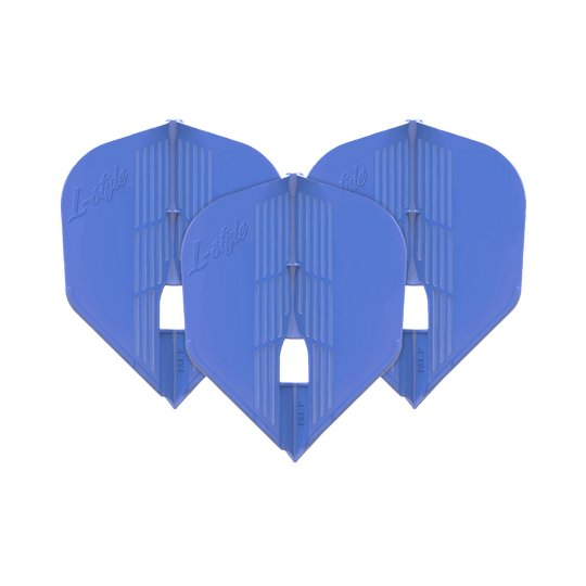 L-Style KAMI L3PRO Flights Das Bild zeigt drei blaue Dartflights der Marke L-Style. Sie sind nebeneinander aufgereiht und haben eine moderne, strukturierte Oberfläche.