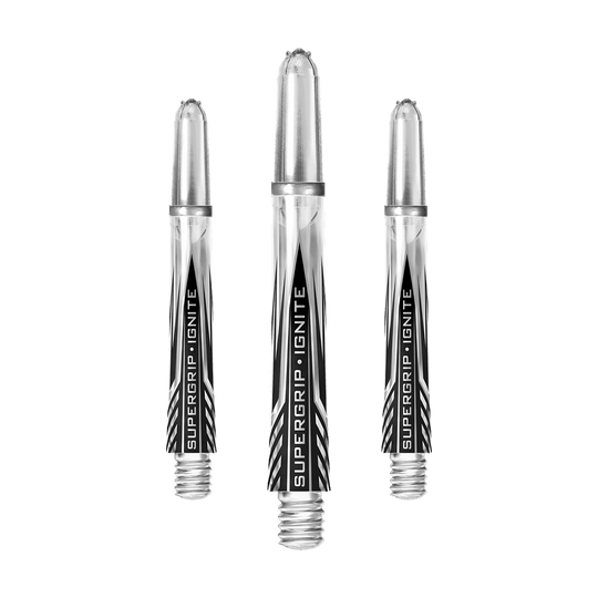 HR393_Harrows_Supergrip_Ignite_Shafts_Clear_40mm_1T9DEKWgsOZjAD Das Bild zeigt drei klare Harrows Supergrip Ignite Shafts für Dartpfeile. Die Shafts sind durchsichtig mit schwarzem und silbernem Aufdruck.