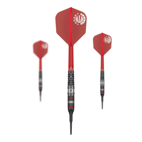 Target Japan Prime Series Diamond GEN3 Soft Darts - 18g Das Bild zeigt drei Softdarts aus der Serie "Target Japan Prime Series Diamond GEN3" mit einem Gewicht von 18g. Die Darts haben rote Flights und schwarze Spitzen.