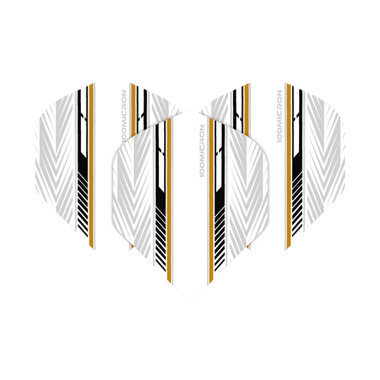 Pentathlon Flights white/black/gold Das Bild zeigt die Pentathlon White Black Gold No2 Standard Flights für Dartpfeile. Die Flights sind überwiegend weiß mit schwarzen und goldenen Zierstreifen sowie geometrischen Mustern.