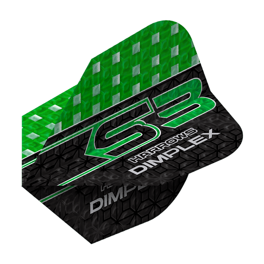 Harrows Dimplex S3 Flights - Green Das Bild zeigt einen grünen und schwarzen Dartflight mit der Aufschrift "Harrows Dimplex S3". Das obere Drittel ist grün mit silbernen Quadraten, der Rest ist schwarz mit einem Muster und weißen Schriftzügen.