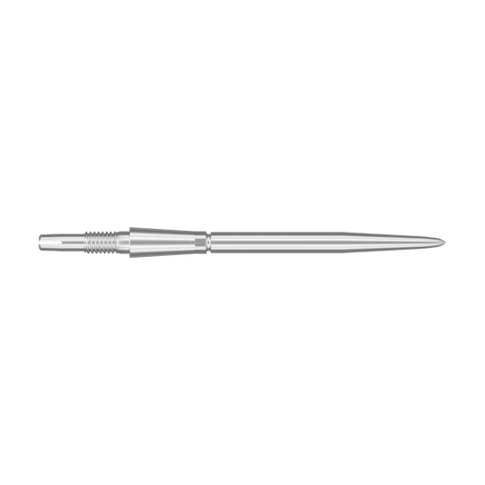 Target Swiss Storm Point dart tips - silver Das Bild zeigt eine silberne Dartspitze in schlanker, länglicher Form. Die Spitze hat eine glatte Oberfläche mit einigen geriffelten Bereichen am hinteren Ende.