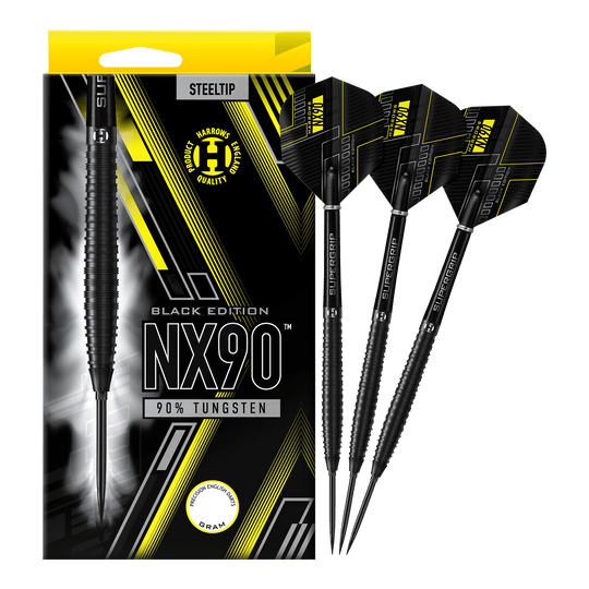 Harrows NX90 Black Edition Tapered Quick Point Steel Darts Abgebildet sind die Harrows NX90 Black Edition Tapered Quick Point Steeldarts. Die schwarzen Steeldarts haben eine schlanke, konische Form.