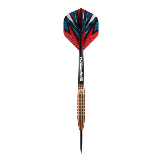 GOAT Quarterback V2 Tungsten Steel Darts - 24g Dies ist ein GOAT Quarterback V2 Tungsten Steeldart mit 24g Gewicht. Er hat eine farbenfrohe Flight-Grafik und einen geriffelten, bronzefarbenen Barrel.