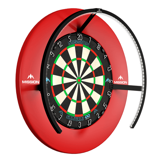 Mission Torus 270 LED Dartboard Lighting - Black Zu sehen ist die Mission Torus 270 LED Dartboard Beleuchtung in Schwarz. Diese Beleuchtung verbessert die Sichtbarkeit beim Dartspielen.