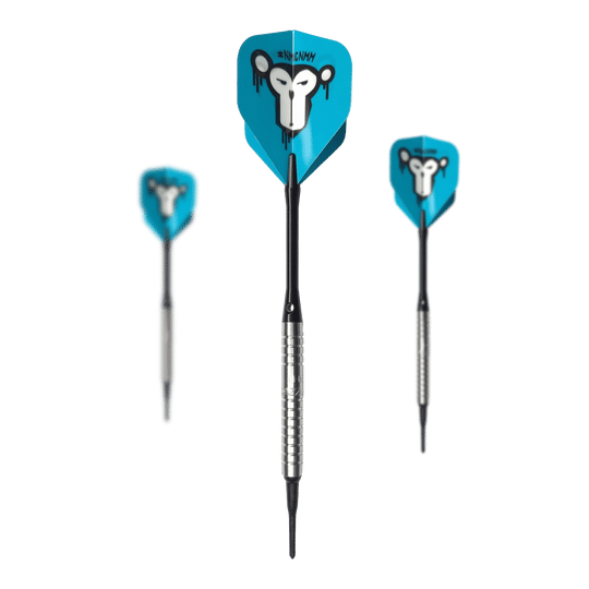 McDart 85 Tungsten V15 Softdarts - 16.5g Das Bild zeigt drei Softdarts des Modells "McDart 85er Tungsten V15" mit einem Gewicht von 16,5g. Die Flights sind blau und haben ein auffälliges Affengesicht als Motiv.