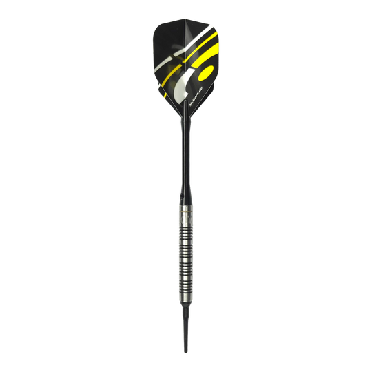 McDart 85 Tungsten V17 Softdarts - 16.5g Das Bild zeigt den McDart 85er Tungsten V17 Softdart mit einem Gewicht von 16,5g. Der Dart hat ein modernes Design mit schwarzen und gelben Akzenten auf den Flights.