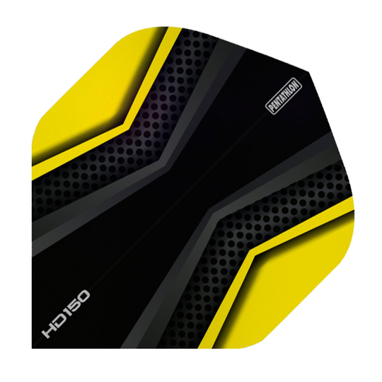 HD2023-Pentathlon-HD150-Black-Yellow Das Bild zeigt einen HD 150 Pentathlon Dartflight in Schwarz und Gelb. Das Design besteht aus gelben und schwarzen Flächen mit geometrischen Mustern und dem Schriftzug „Pentathlon“.