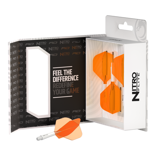 Red Dragon Nitroflite White Shaft Orange Flights No2 Abgebildet ist der Red Dragon Nitroflite White Shaft Orange Flights No2. Der Dart-Schaft ist weiß und die Flights sind orange.