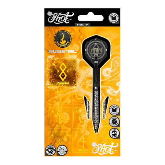 Shot Alchemy Runstel Steel Darts Das Bild zeigt die Shot Alchemy Runstel Steeldarts. Dieses Produkt sind hochwertige Steeldarts für Dartspieler.