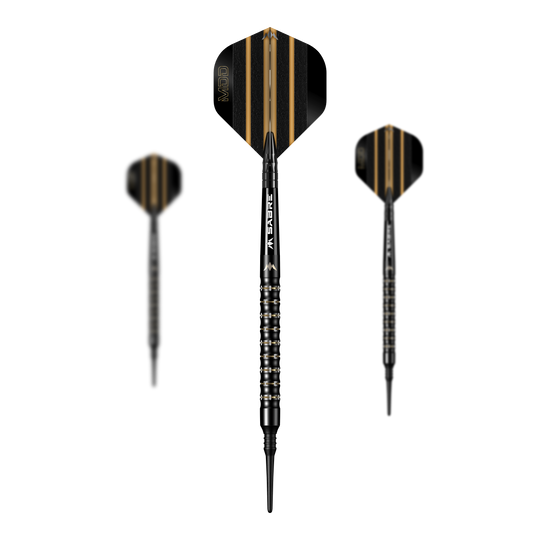 Mission Mike De Decker MDD Black Gold Soft Darts - 20g Das Bild zeigt drei Softdarts des Modells „Mission Mike De Decker MDD Black Gold“ mit einem Gewicht von 20g. Die Darts sind schwarz mit goldenen Streifen auf den Flights und haben ein modernes, edles Design.