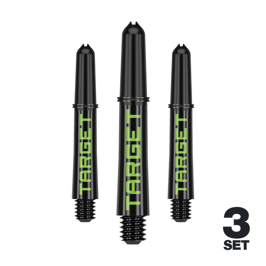 Target Pro Grip TAG Shafts - 3 Sets - Black Green Auf dem Bild sind drei schwarze Dartschäfte mit grünem "TARGET"-Schriftzug zu sehen. Unten rechts steht "3 SET", was darauf hinweist, dass es sich um ein Set aus drei Stück handelt.