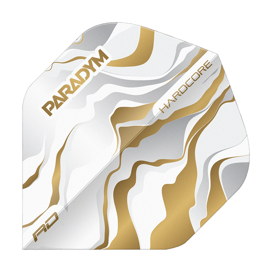 Gezeigt wird Red Dragon Hardcore Premium Paradym Gold Premium No2 Standard Flights. Es sind goldfarbene, hochwertige Dart Flights für genaue Würfe.