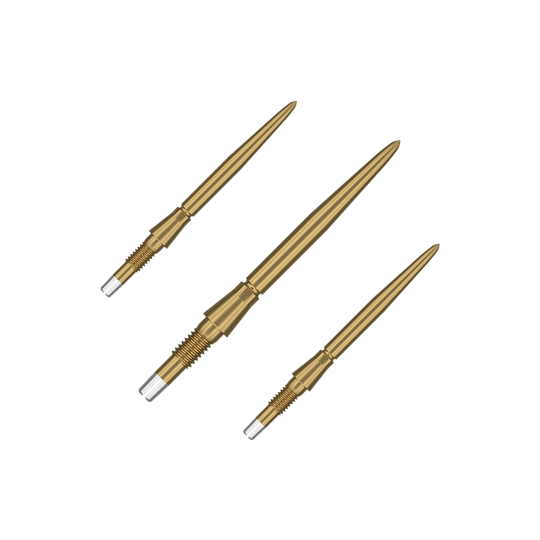 Das Bild zeigt drei goldene Dartspitzen, die nebeneinander angeordnet sind. Sie haben ein schlankes, spitzes Design mit einem silbernen Schraubgewinde am Ende.