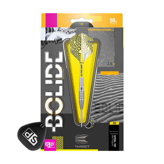 190063_Target_Bolide_05_Swiss_Point_Steeldarts_3f7G025yBQCBzq Das Bild zeigt die Verpackung der Target Bolide 05 Swiss Point Steeldarts. Die Darts haben ein auffälliges gelb-schwarzes Design und bestehen zu 90 % aus Tungsten.