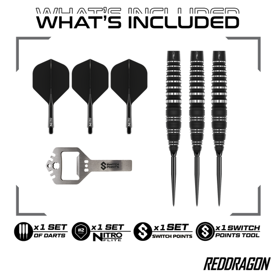 Red Dragon Sable Bomb Switch Point Steel Darts Das Bild zeigt die Red Dragon Sable Bomb Switch Point Steeldarts. Die Darts haben ein markantes Design und sind speziell für das Steeldartspiel entwickelt.