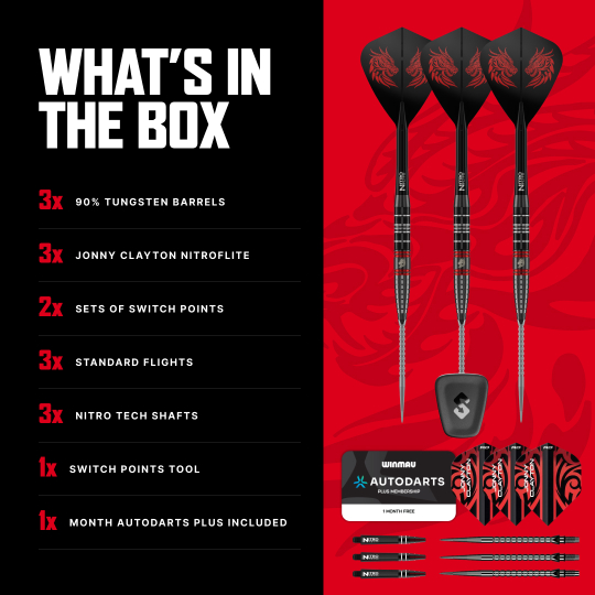 Red Dragon Jonny Clayton RD-ULTRA Switch Point Steeldarts - 22g Das Foto zeigt die Red Dragon Jonny Clayton RD-ULTRA Switch Point Steeldarts mit einem Gewicht von 22 Gramm. Die Darts werden im Detail präsentiert.