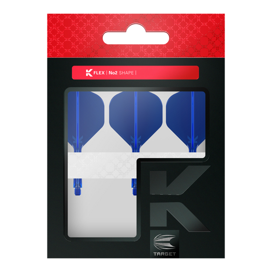 Target K-Flex No2 Standard Flight System - Blue Die Verpackung enthält drei blaue Dart-Flights im No2-Standard-Format von der Marke Target. Im oberen Bereich steht "K Flex | No2 Shape" auf einem roten Streifen.