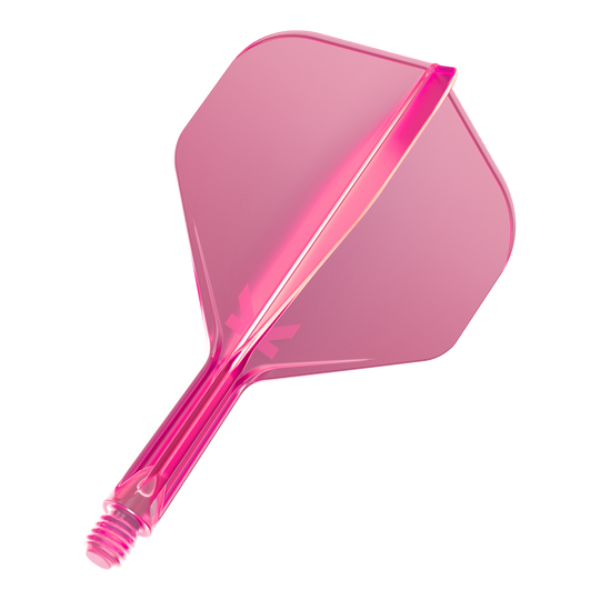 Das Bild zeigt ein neonpinkes Dart-Flight-System. Es besteht aus einem Schaft mit aufgesetztem Flight in moderner, transparenter Optik.