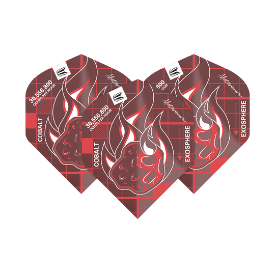 TG24_336090_Target_Blueprint_Pro_Red_No2_Standard_Flights_18TkNAwoVudlSP Das Bild zeigt drei rote Dart-Flights mit einem Flammen-Design und technischen Details. Das Produkt heißt "Target Blueprint Pro Red No2 Standard Flights".