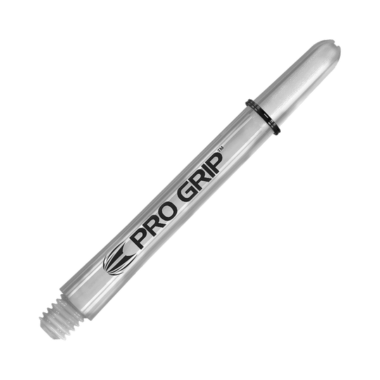 Target Pro Grip Shafts - 3 Sets - Transparent Das Bild zeigt einen transparenten "Pro Grip" Schafts für Darts. Der Schaft ist 48 mm lang und hat ein einfaches, klares Design.