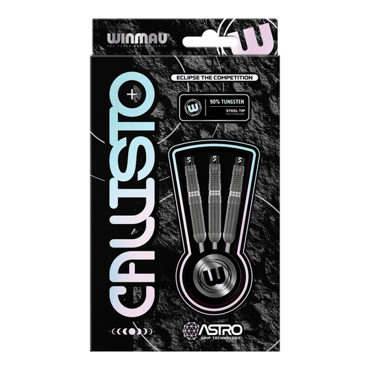 Winmau Callisto 03 Steeldarts Das Bild zeigt eine Verpackung der "Winmau Callisto 03 Steeldarts". Drei Steeldarts mit 90% Tungsten und Astro Grip Technologie sind sichtbar durch ein Sichtfenster präsentiert.