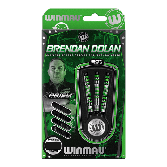 Winmau Brendan Dolan steel darts Die Abbildung zeigt eine Verpackung der Winmau Brendan Dolan Steeldarts. In der Packung sind drei Darts mit schwarzem und grünem Design zu sehen.
