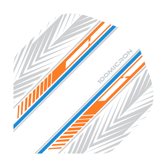 Pentathlon Flights white/orange/blue Das Bild zeigt ein Dartflight mit einem weißen Hintergrund und auffälligen orange-blauen Streifen. Zusätzlich sind graue geometrische Muster und der Schriftzug "100MICRON" zu sehen.