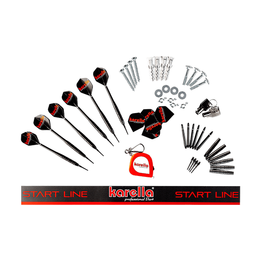 Karella_E-Master_Dartautomat_Detail_Zubeh-rDzk6QVI4T24z9 Das Bild zeigt das Zubehörset des Karella E-MASTER Dartautomaten ohne Münzeinwurf. Es beinhaltet Dartpfeile, Ersatzspitzen, eine Startlinie, Montagematerial und weiteres Zubehör.