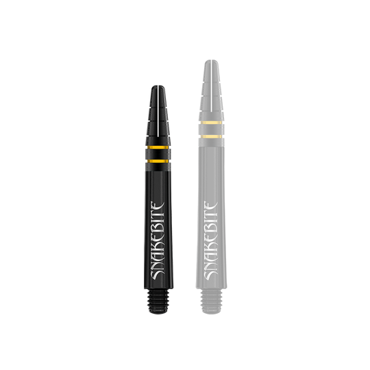 Auf dem Bild sind zwei schwarze Dart-Schäfte mit goldenen Ringen zu sehen. Auf den Schäften steht das Wort "Snakebite" in weißer Schrift.