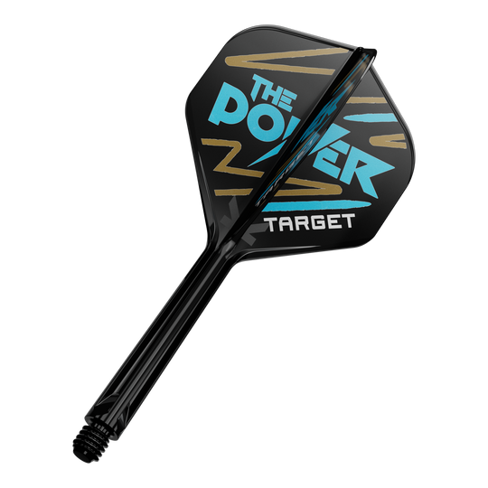 Target K-Flex Phil Taylor No2 Standard Flight Shaft System Auf dem Bild ist ein Dartpfeil mit schwarzer Flight zu sehen. Auf der Flight steht in blauer und weißer Schrift "The Power" und "Target" mit goldenen Zierstreifen.
