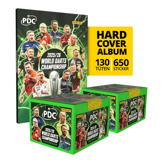 Panini PDC World Darts Championship 2025/26 - Hardcover Mega Bundle with two sticker boxes Abgebildet ist das Panini PDC World Darts Championship 2025/26 Hardcover Mega Bundle mit zwei Stickerboxen. Das Produkt eignet sich für Dart-Fans zum Sammeln und Tauschen.