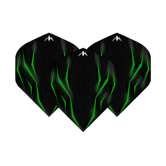 Das Bild zeigt die Mission Lava Green No2 Standard Flights. Die Flights sind schwarz mit grünen, leuchtenden Linien und einem kleinen weißen Logo oben.