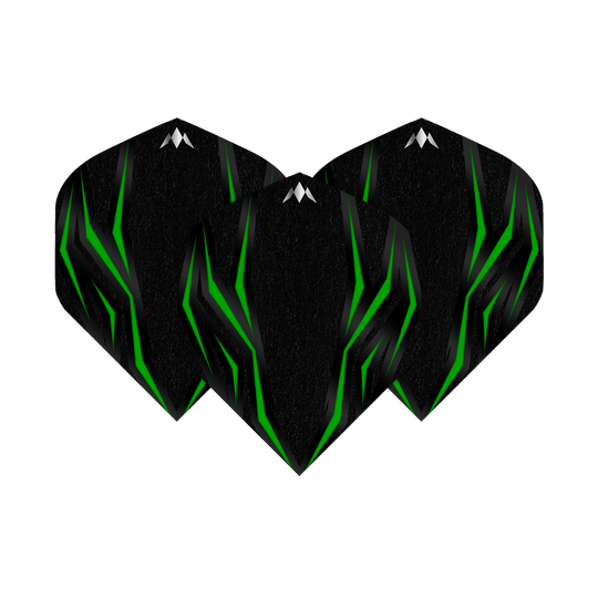 Mission Lava Green No2 Standard Flights Das Bild zeigt die Mission Lava Green No2 Standard Flights. Die Flights sind schwarz mit grünen, leuchtenden Linien und einem kleinen weißen Logo oben.