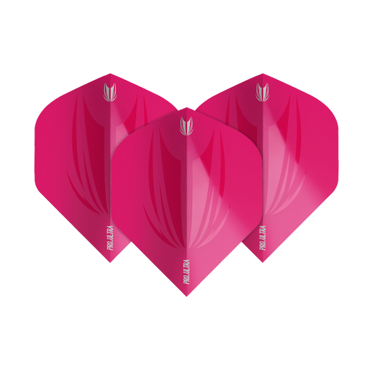 TG420_Target_ProUltra_ID_Pink_No2_Standard_Flights_101HNZmkKl9735 Das Bild zeigt drei pinkfarbene Dart-Flights des Modells "Target ProUltra ID Pink No2 Standard". Jeder Flight hat das Target-Logo und die Aufschrift "Pro Ultra" in weiß.