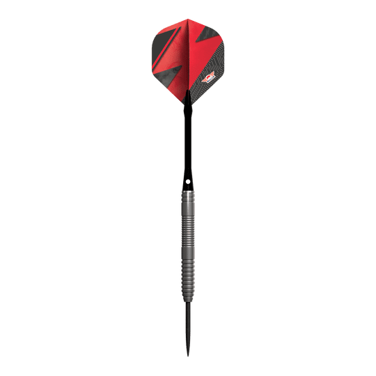 Bulls NL Lightning Red steel darts Das Bild zeigt einen Steeldart-Pfeil mit einem silbernen Griff und einer roten Flights. Der Pfeil trägt das Design und Logo der Marke Bulls NL Lightning Red.
