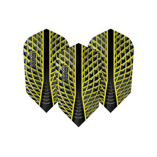 HR87_Harrows_Silika_Yellow_Slim_Flights_1Ds9OAEkWP6W0e Das Bild zeigt drei Harrows Silika Yellow Slim Flights. Die Flights sind schwarz mit einem gelben, netzartigen Muster und dem Aufdruck "SILIKA HARROWS".