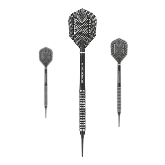 Harrows Nemesis Soft Darts Das Bild zeigt drei Harrows Nemesis Softdarts mit schwarzem und silbernem Design. Die Darts haben strukturierte Griffe und auffällige Flights mit dem Schriftzug "Harrows TUFFTEX".