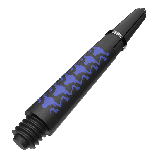 Abgebildet ist ein weiteres Produktfoto von BullsNL Capo Carbon Shafts Blau Short 34mm. Gezeigt wird ein Satz mit kurzen blauen Dartschäften.