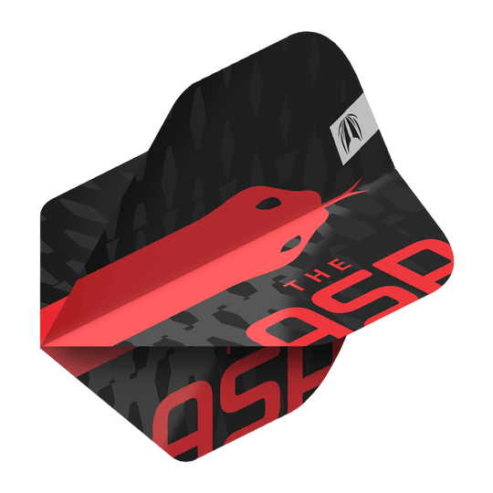 Target Pro Ultra Nathan Aspinall No2 Standard Flights - 3 sets Das Bild zeigt ein Dart-Flight mit einem schwarzen und roten Design sowie der Aufschrift „THE ASP“. Auf dem Flight ist eine stilisierte rote Schlange abgebildet.